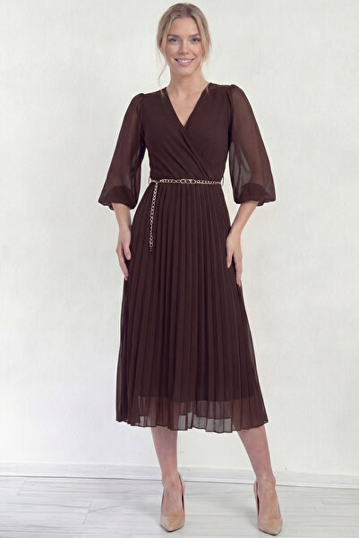 thezkscom Kadın Kruvaze Yaka Piliseli Kemerli Midi Boy Elbise Siyah, Kahveren...