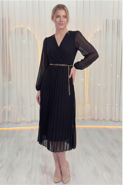 thezkscom Kadın Kruvaze Yaka Piliseli Kemerli Midi Boy Elbise Siyah, Kahveren...