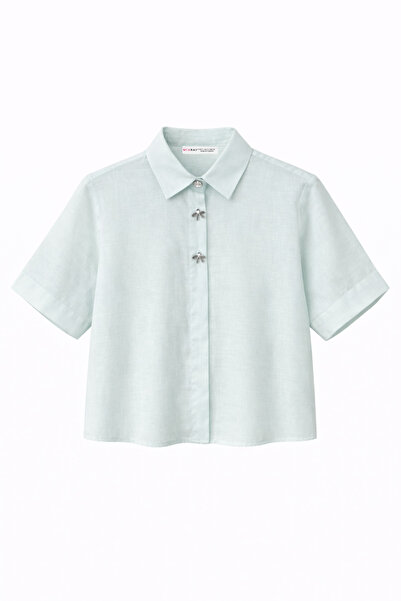 Mixray 4663 Women's Combination Buttoned Crop Shirt Baby Blue