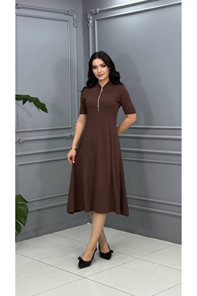 Cannes Eyla Women's Zipper Detailed Midi Length Beige Dress