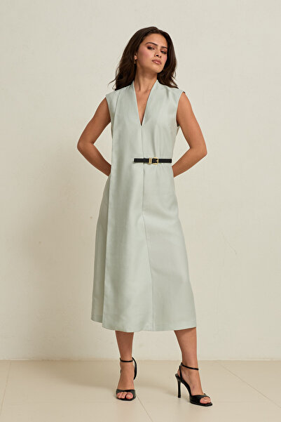 Setre Water Green V-Neck Asymmetrical Fabric Detailed Midi Length Sleeveless ...