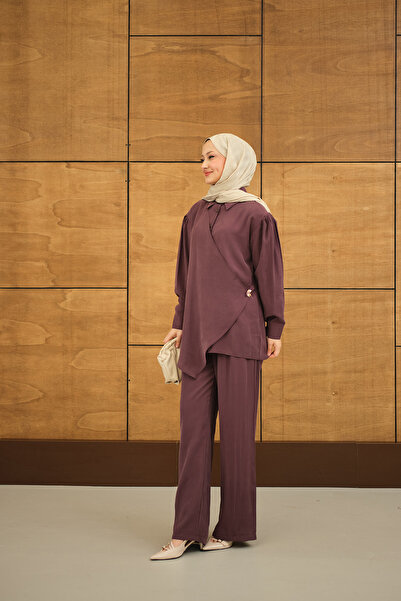 LOCCO Women's Gold Button Detailed Modal Suit with Trousers - Plum