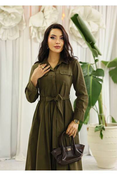 Cannes Vera Women's Classic Collared Shirt Khaki Dress