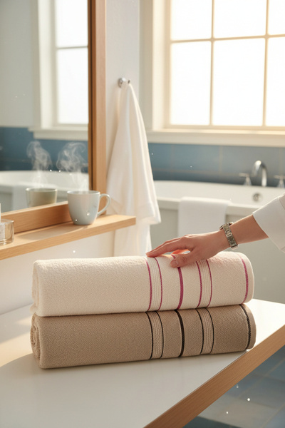 asev tekstil طقم مناشف حمام نيفا مكون من قطعتين مقاس 90x150 - بتفاصيل مخططة