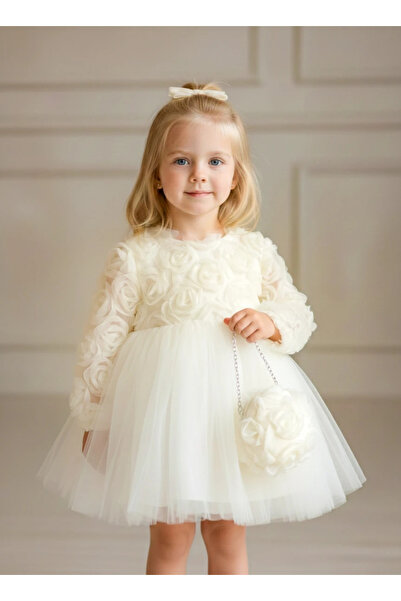 aysskids Rose Rose Detailed Girl's Holiday Special Occasion Dress with Bag