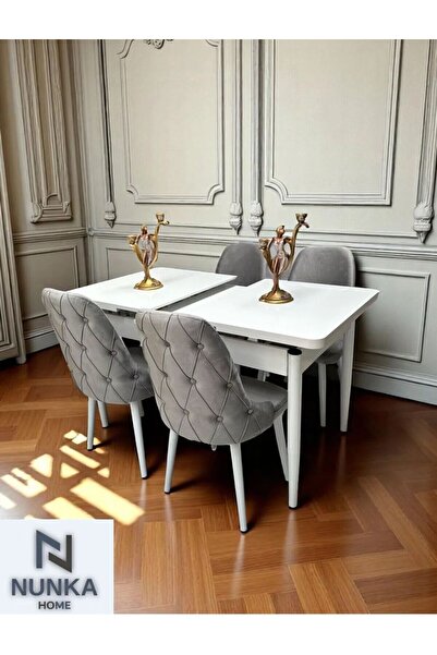 NUNKA HOME Şato Serisi Mutfak ve Salon Yemek Masası Takımı +4 Sandalyeli Beya...