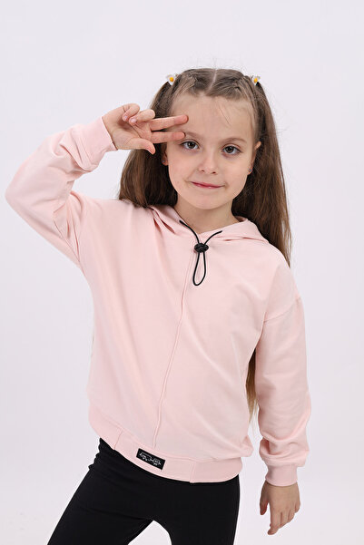 Toontoy Girl's Oversized Hooded Off-Shoulder Printed Ribbed Sweatshirt - 2 Yarns