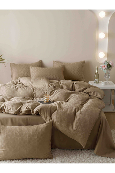 JOJO HOME In de pat, 2 persoane, 6 piese, jacard fin, maro