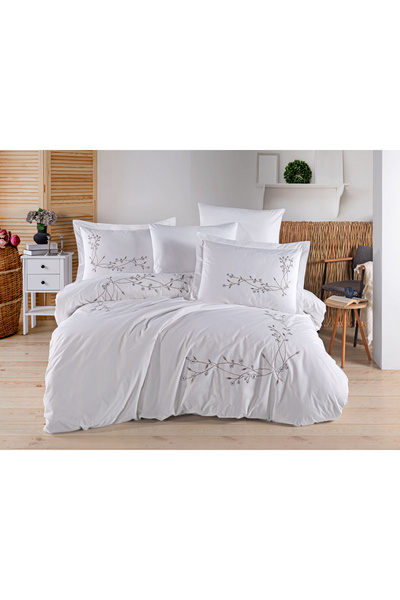 Hobby In de pat din poplin de bumbac pentru 2 persoane - Broderie Loren Beyaz