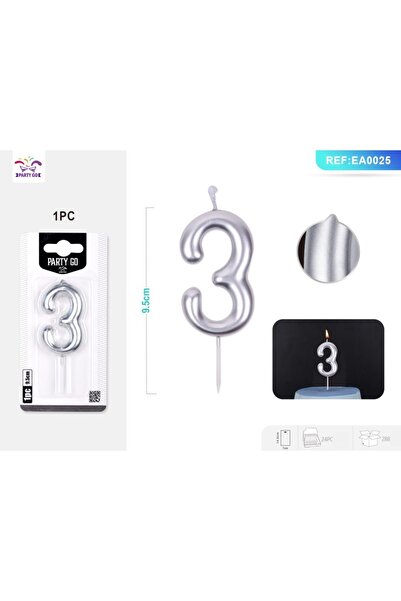 MC Micostore PartyGo birthday cake candles number 3, 6cm, silver, EA0025
