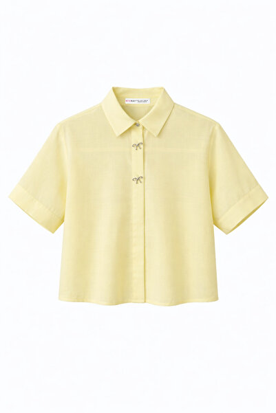 Mixray 4663 Women's Combination Buttoned Crop Shirt Yellow
