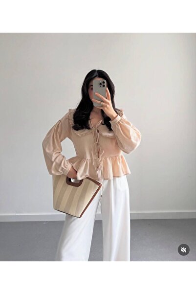 MAESTRO WOMAN Kadın Bej Bebe Yaka Önü Bağlamalı Kısa Peplum Gömlek