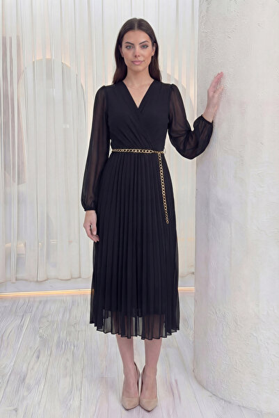 the ZKS Kadın Kruvaze Yaka Piliseli Kemerli Midi Boy Elbise Siyah, Kahverengi...