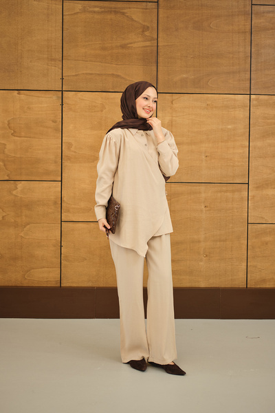 LOCCO Women's Gold Button Detailed Modal Suit with Trousers Mink