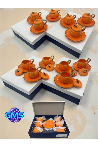 Tekbir 6 LI PORSELEN KABAK MODEL KAPAKLI FİNCAN TAKIMI (TURUNCU)