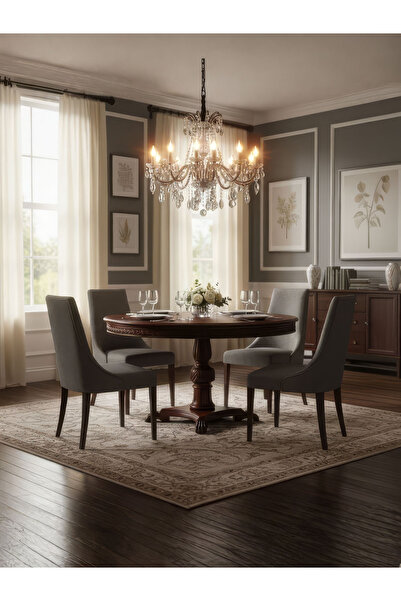 Gazzini Furniture Royal Eagle İngiliz Still Yuvarlak Ahşap Oymalı Yemek Masası