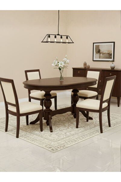 Gazzini Furniture Lindon Çift Baba Ayaklı Açılır Masif Ahşap Oval Yemek Masas...