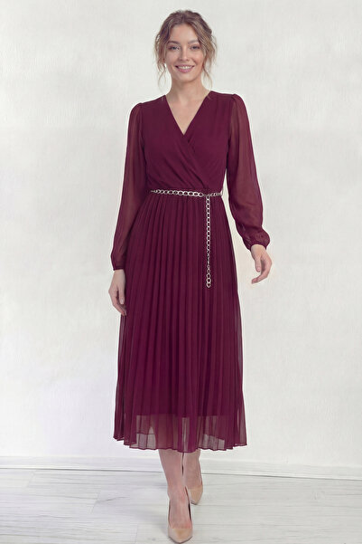 zks grup tekstil Women's Double Breasted Collar Pleated Belted Midi Dress Bla...