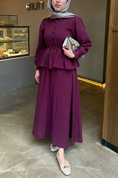 MELEK ARAZ Ruffle Detailed Shirt and Gofre Skirt Two-Piece Set - Burgundy