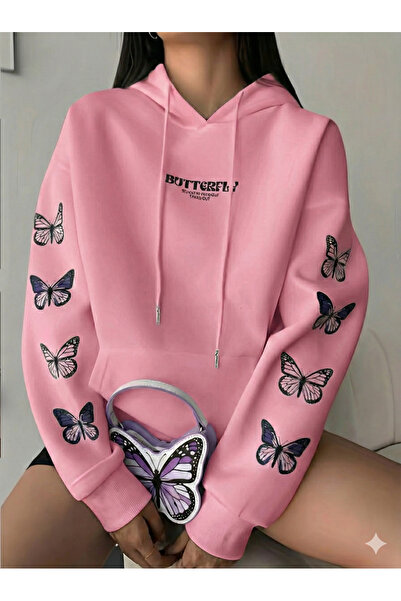 NİCE Kadın Kelebek Mimimal Baskılı Pembe Hoodie