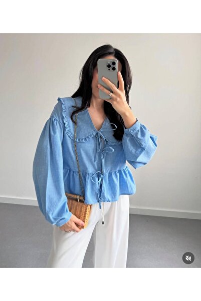 MAESTRO WOMAN Kadın Mavi Bebe Yaka Önü Bağlamalı Kısa Peplum Gömlek