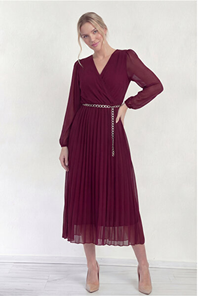 thezkscom Kadın Kruvaze Yaka Piliseli Kemerli Midi Boy Elbise Siyah, Kahveren...