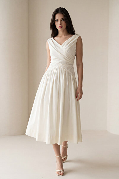 Setre Cream-Colored, Comfortable Cut Midi Dress with Sleeve and Waist Details...