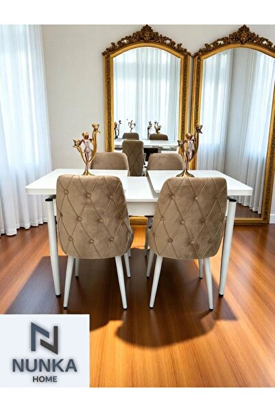NUNKA HOME Şato Serisi Mutfak ve Salon Yemek Masası Takımı +4 Sandalyeli Beya...