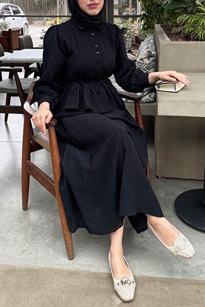 MELEK ARAZ Ruffle Detailed Shirt and Gofre Skirt Two-Piece Set - Black