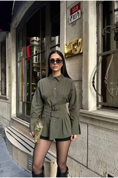 Vellure Kadın Haki Kemer Detaylı Pileli Oversize Gömlek