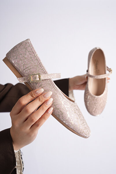 minnose Bej Işıltılı Kadın Tek Baretli Babet - Işıltılı Kare Toka Detaylı Yum...