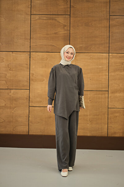 LOCCO Women's Gold Button Detailed Modal Suit with Trousers Anthracite