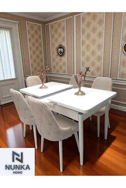 NUNKA HOME Şato Serisi Mutfak ve Salon Yemek Masası Takımı +4 Sandalyeli Beya...