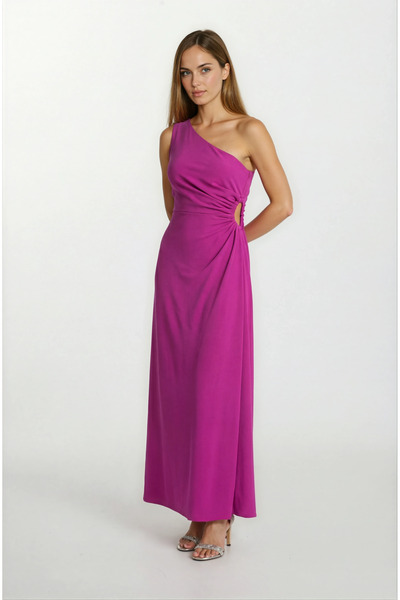Spazio Pasini Tek Omuz Yan Pencere Detaylı Elbise FUŞYA