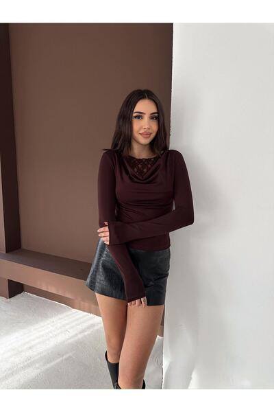 CKM MODA Alba Degaje Yaka Zarif Bluz Kahve