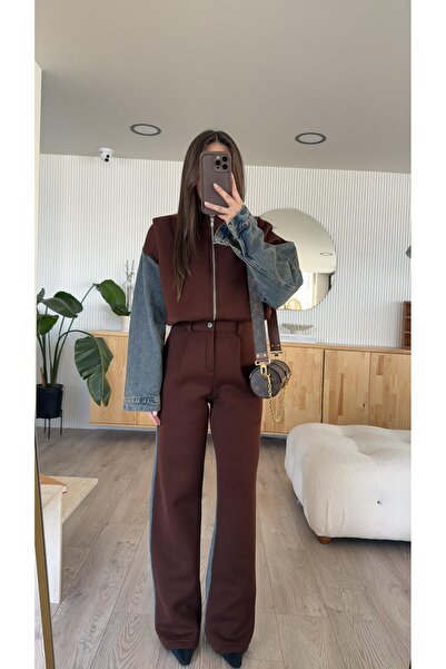 Tulipabutik Zippered Garnished Denim Set