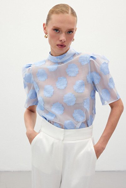 CKM MODA بلوزة بينري أورجانزا بأكمام قصيرة باللون الأزرق