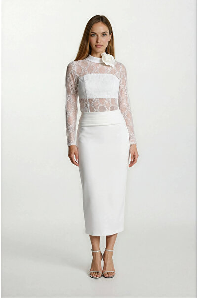 Spazio Dolindo Üstü Dantelli Yaka Çiçek Detaylı Midi Abiye Elbise EKRU
