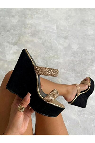 Modanizm Mera Black Wedge Heeled Slippers