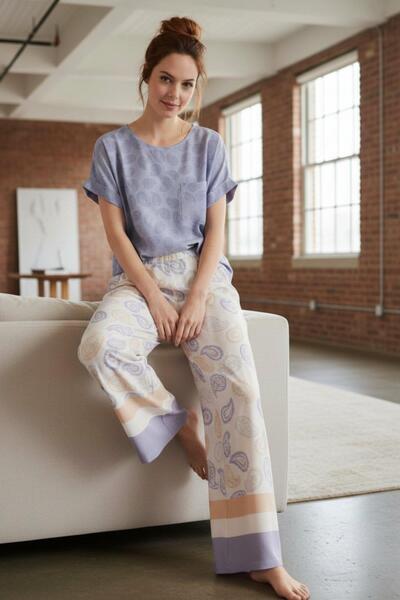 COŞKU Premium Woven Women's Short Sleeve Pajama Set Lilac