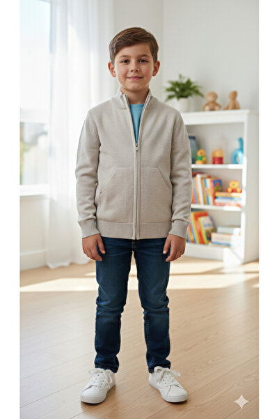 ADA YILDIZ KİDS Boy's Zippered Beige Color Knitwear Sweater 6/14 Years