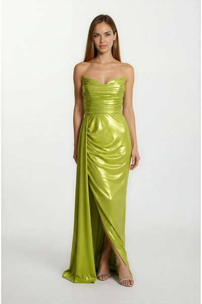 Spazio Odobella Kalp Yaka Straplez Anvelop Uzun Abiye Elbise FISTIK YEŞİL