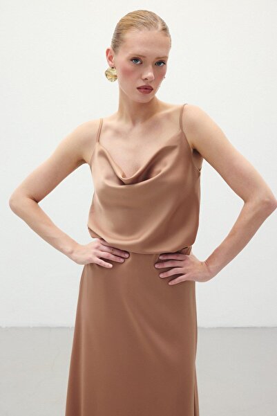 CKM MODA Glow Degaje Collar Satin Blouse Camel