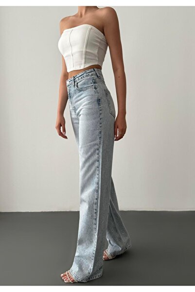 CKM MODA Τζιν με φαρδιά μπατζάκια Lesli Crystal Stone σε ανοιχτό μπλε χρώμα