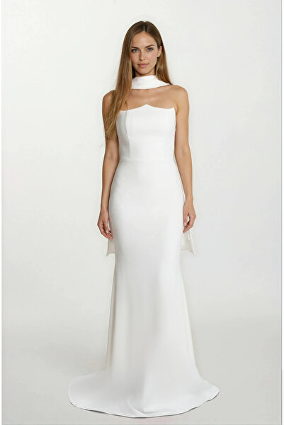 Spazio Romero Straplez Yaka Balık Uzun Abiye Elbise EKRU