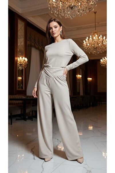 CKM MODA Maia Παντελόνι με Σταυρωτή Μέση και Λεπτομέρεια, Ψηλόμεσο, Φαρδύ, Βιζόν