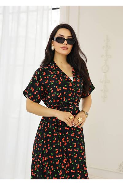 Cannes Oliya Kadın Kiraz Desenli Retro Model Siyah Elbise