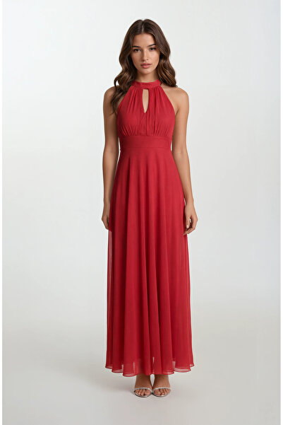 Spazio Firenze V Yaka Boyundan Bağlı Uzun Abiye Elbise KIRMIZI