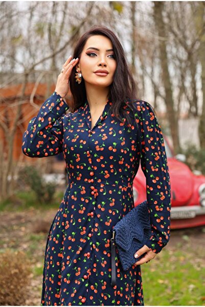 Cannes Jala Women's Long Sleeve Cherry Patterned V-Neck Navy Blue Dress