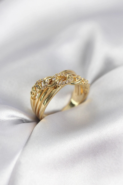 Eco Lounge Gold Color Zircon Stone Chain Model Women's Ring